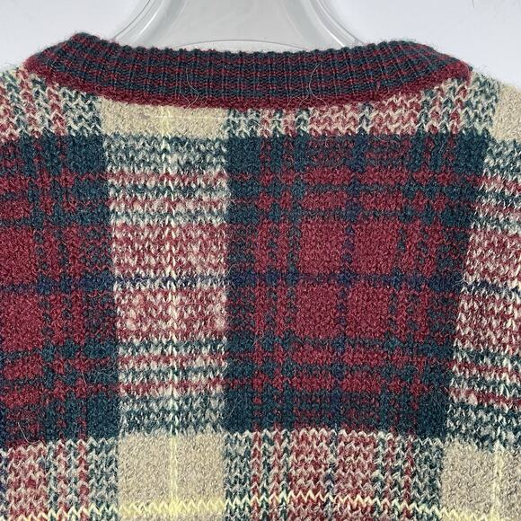 VTG 80s Grandpa Sweater Cardigan Size L Burgundy Plaid Wool Blend Leather Button - Picture 11 of 11